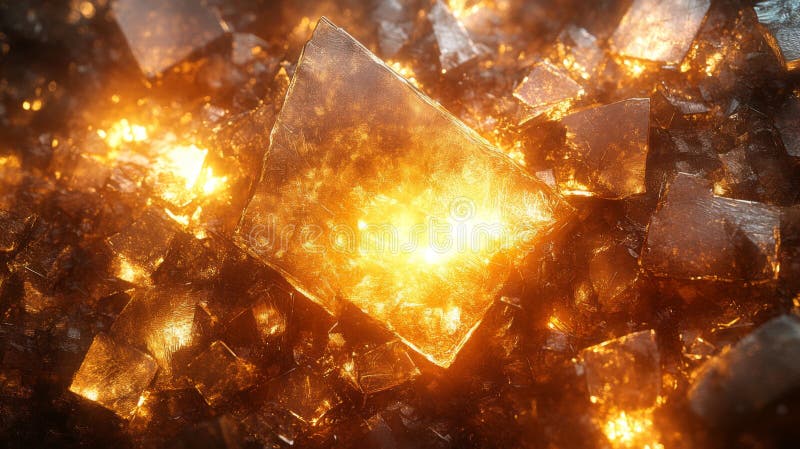 Illuminated crystals shimmering with warm golden light in a vibrant mineral composition on a dark background. Generative stock photo