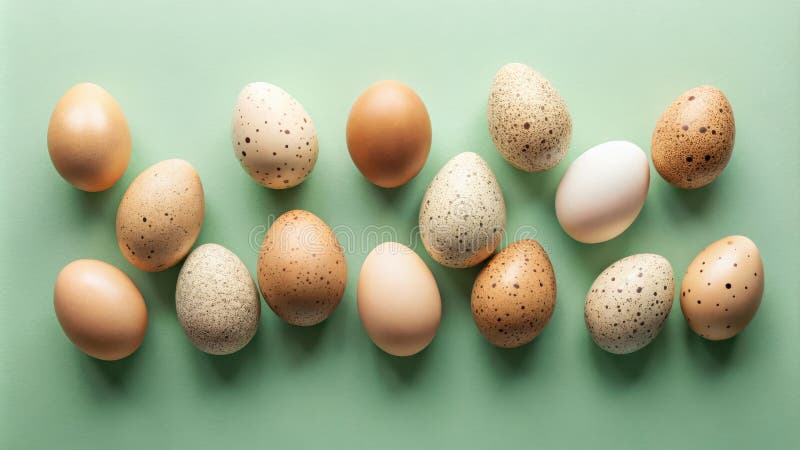 A collection of speckled and plain eggs arranged on a light green background. Generative AI vector illustration