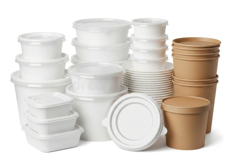 Collection of stacked plastic and cardboard containers with lids royalty free illustration