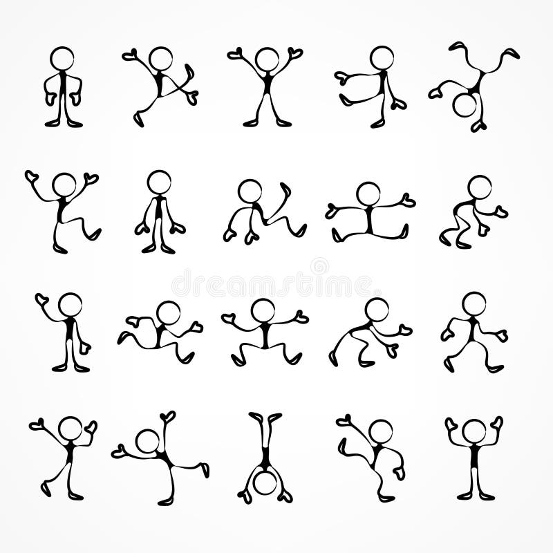 Collection of stick linear moving figures with different poses, human icon symbol sign. Vector illustration.