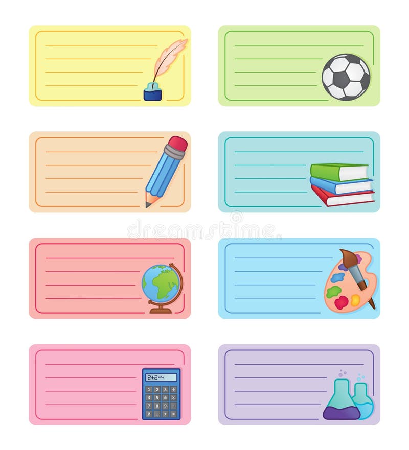 Notebook Labels. Icons of School Subjects. Colorful Vector Design ...