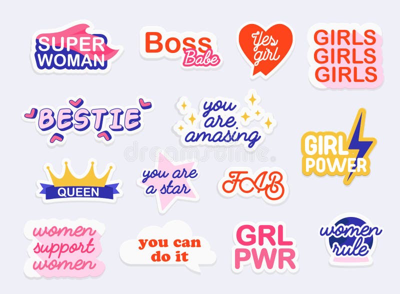 Collection of stickers with woman slogans. Feminism. Girl power