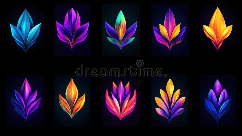A collection of stylized flower-like designs in various colors and shapes. stock images