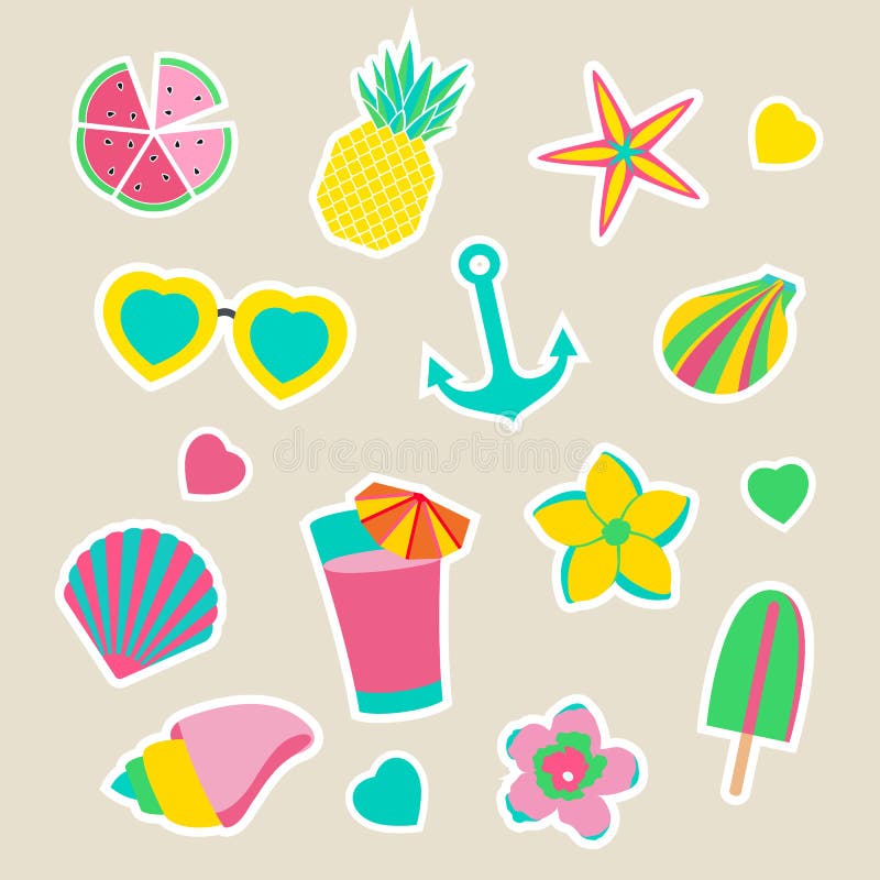 Collection of Summer Stickers. Vector Isolated Illustration. Stock