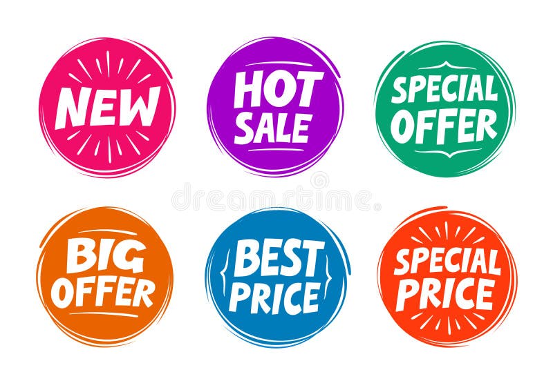 Collection symbols such as Special offer, Hot sale, Best price, New. Icons
