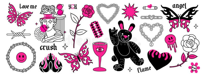 Collection of Tattoo art in 1990s, 2000s style. Y2k emo stickers. Butterfly, barbed wire, butterfly, flame, chain, heart stock illustration