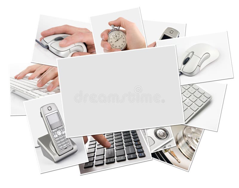 Collection of technology photos with blank frame. Clipping path