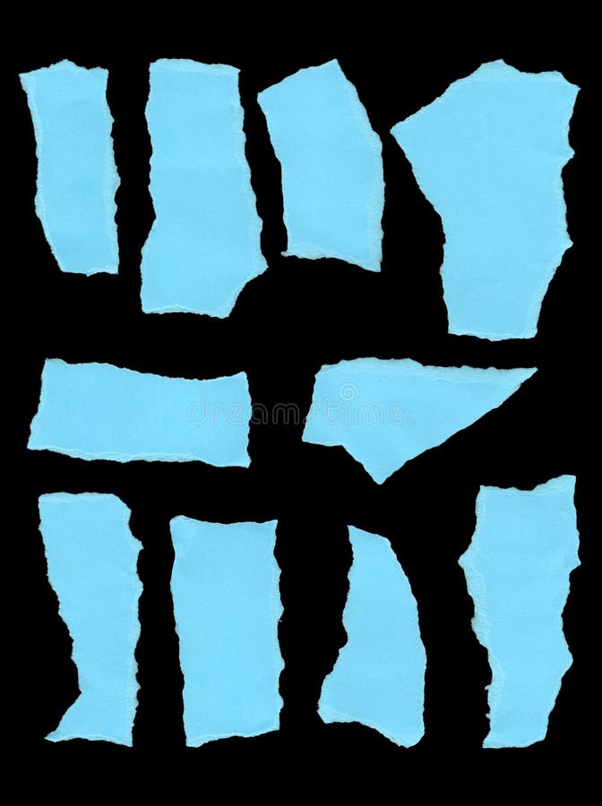 Blue torn paper collection of 10 rectangular ripped sheets, isolated template pieces with raw edges, perfect for creative design royalty free stock image