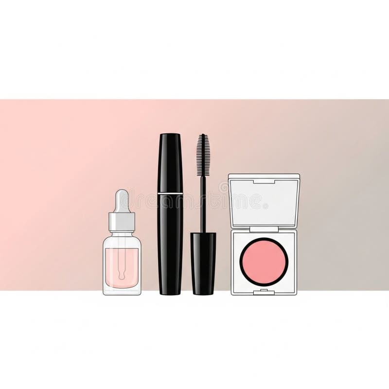 A dropper bottle with a clear liquid, a black mascara tube with its wand vector illustration