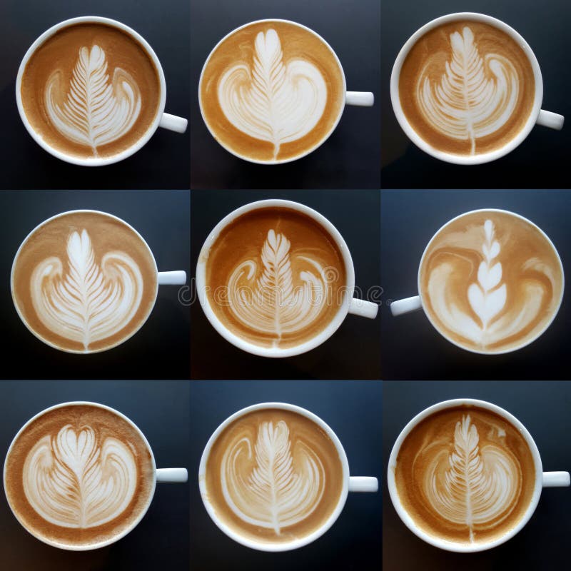 Collection of Top View of Latte Art Coffee Mugs. Stock Image Image of