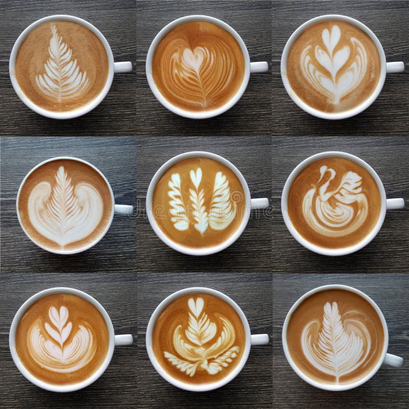 Collection of top view of latte art coffee mugs.