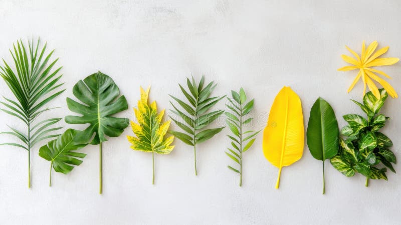 A collection of tropical plants and flowers arranged in a row. royalty free stock photos