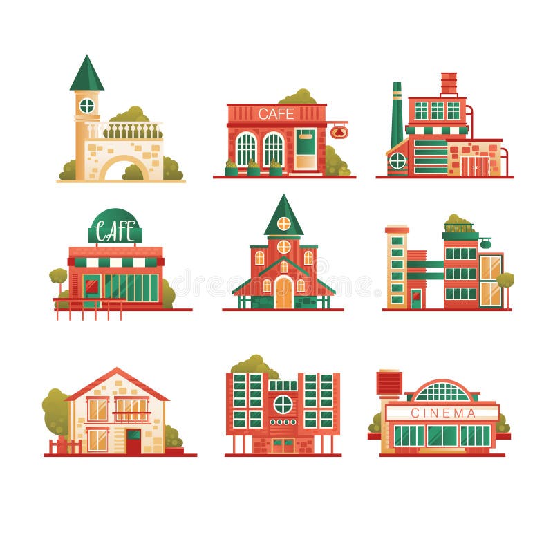 Collection of urban and suburban huses set, private houses and municipal public buildings vector Illustrations on a stock illustration Collection of urban and suburban huses set, private houses and municipal public buildings vector Illustrations on a stock illustration