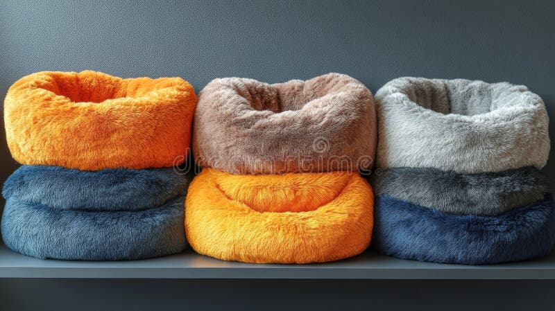 Cozy assortment of decorative pillows arranged neatly on a wooden shelf in a home decor setting stock photos