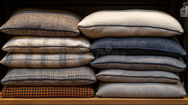 Cozy assortment of decorative pillows arranged neatly on a wooden shelf in a home decor setting royalty free stock photos