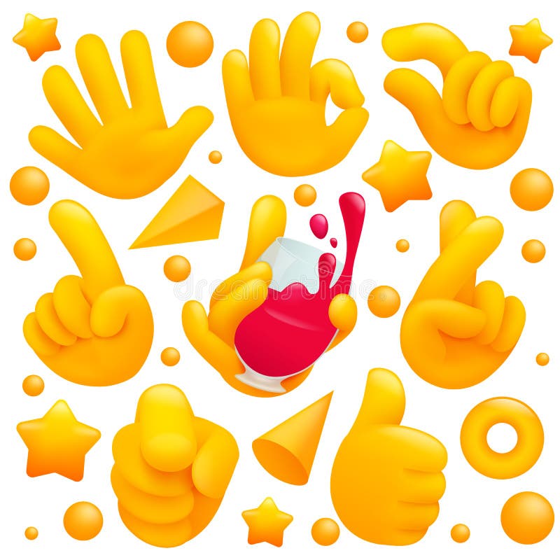 Premium Vector  Collection of various emoji yellow hand symbols with  smartphone, handshake sign and other gestures. 3d cartoon style.