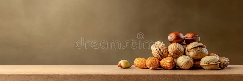 A collection of various nuts including walnuts hazelnuts and almonds arranged on a rustic wooden table These nuts are a royalty free illustration