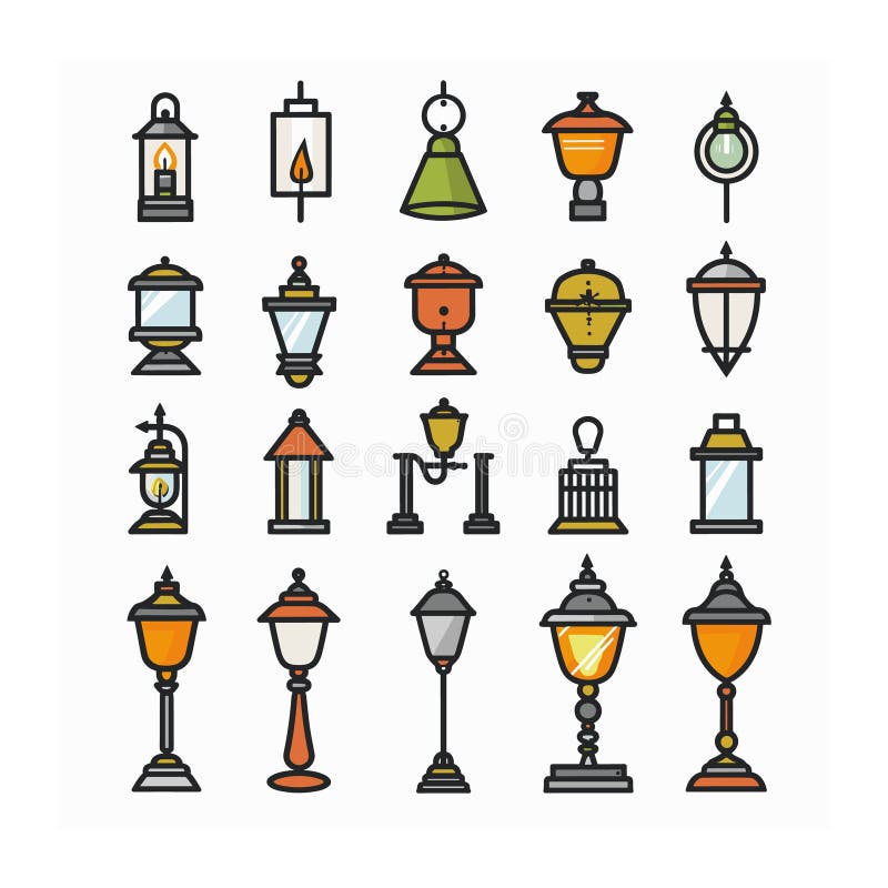 Collection various street lamps lanterns flat design style. Colorful icons set vector illustration