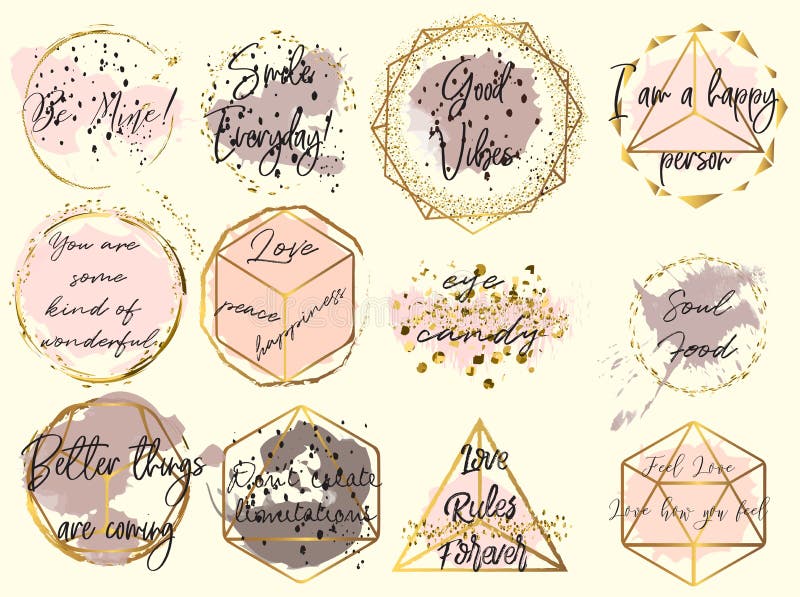 Collection of vector golden frames wish watercolor spots in female style with quotes