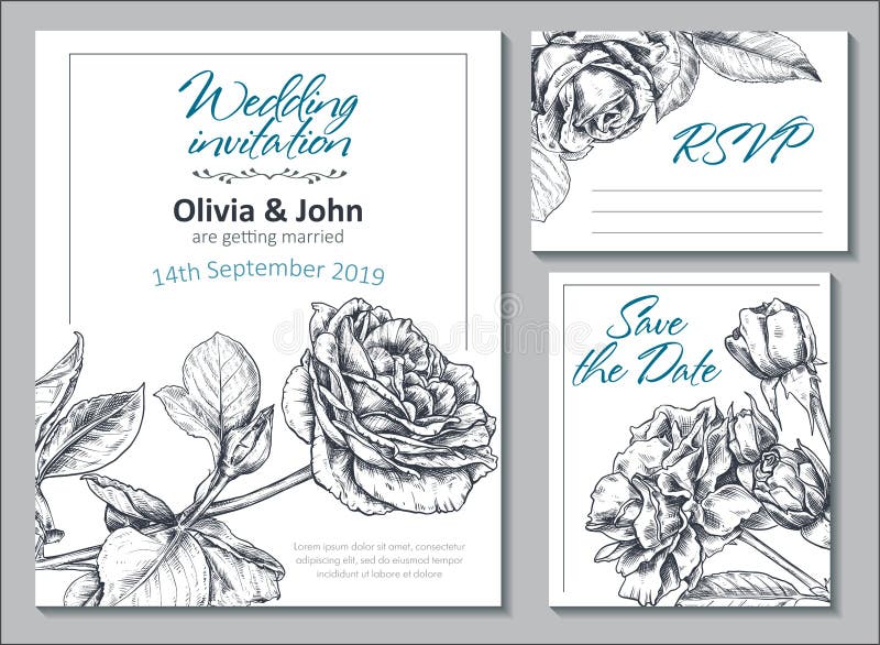 Collection of vector templates for wedding cards and invitation with hand drawn rose flowers. vector illustration Collection of vector templates for wedding cards and invitation with hand drawn rose flowers. vector illustration