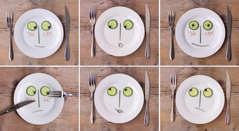 Collection of Vegetable Faces on Plate with knife and fork, set on wooden board - various emotions, male and female. Collection of Vegetable Faces on Plate with knife and fork, set on wooden board - various emotions, male and female