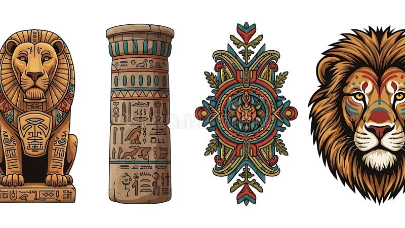A collection of vibrant Egyptian-inspired illustrations featuring a lion and hieroglyphics vector illustration