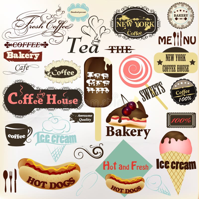 Collection of vintage labels and badges coffee, bakery, hot dogs