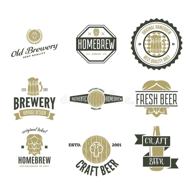Set of vintage logo, badge, emblem or logotype elements for beer, shop, home brew, tavern, bar, cafe and restaurant vector illustration