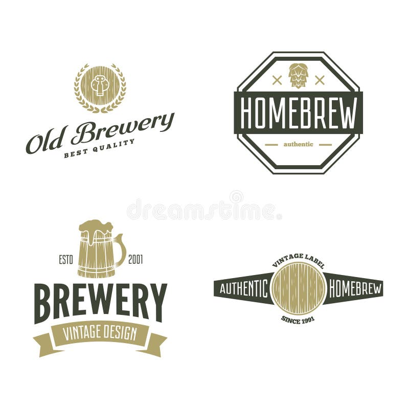 Set of vintage logo, badge, emblem or logotype elements for beer, shop, home brew, tavern, bar, cafe and restaurant vector illustration