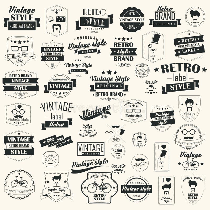 Kolekcia vintage retro štítky, odznaky, pečiatky, stužky, značky a typografické prvky dizajnu, vektorové ilustrácie.