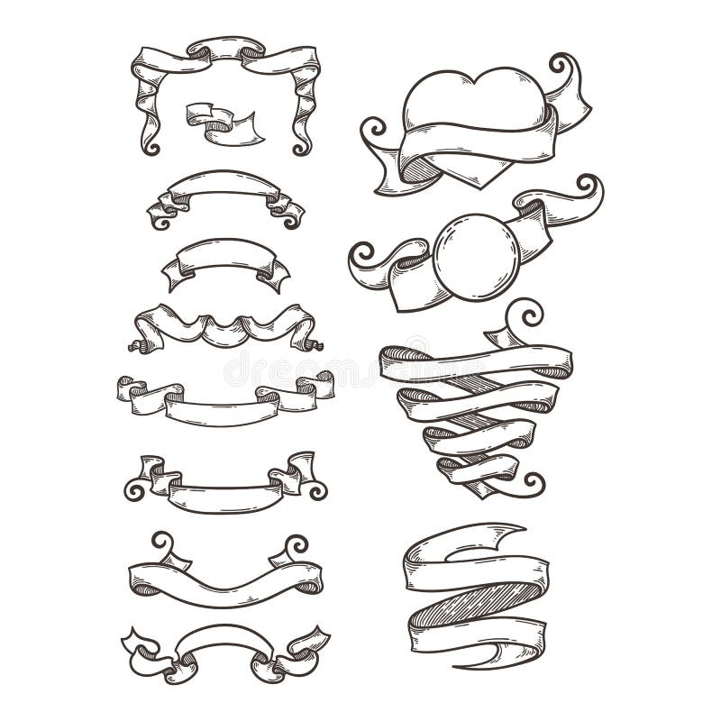 Collection of vintage ribbon, hand drawn doodle set. royalty free illustration Collection of vintage ribbon, hand drawn doodle set. royalty free illustration
