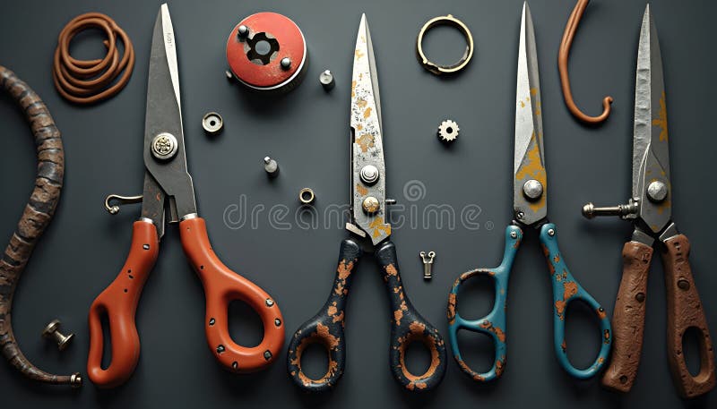 Collection of Vintage Scissors and Tools on Dark Surface royalty free illustration