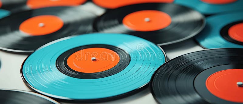 A collection of vinyl records with a blue center and black outer ring. stock photos