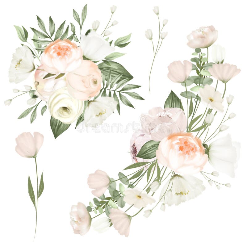 Collection of white flowers bouquets, wedding floral clipart