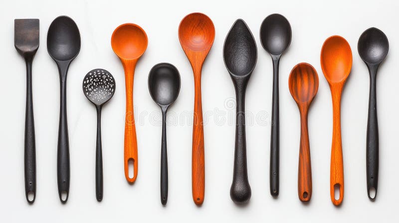 A collection of wooden spoons with varying colors and designs. stock images
