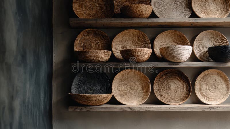 A collection of woven baskets and bowls arranged on wooden shelves. royalty free stock images