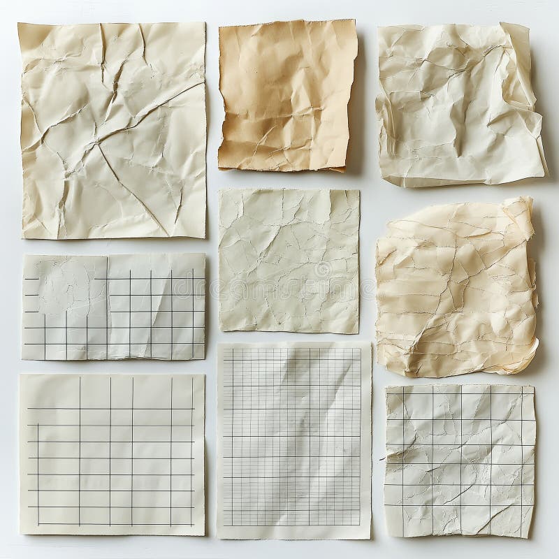 A collection of wrinkled and aged paper sheets, featuring graph and lined patterns, arranged in a grid layout stock illustration