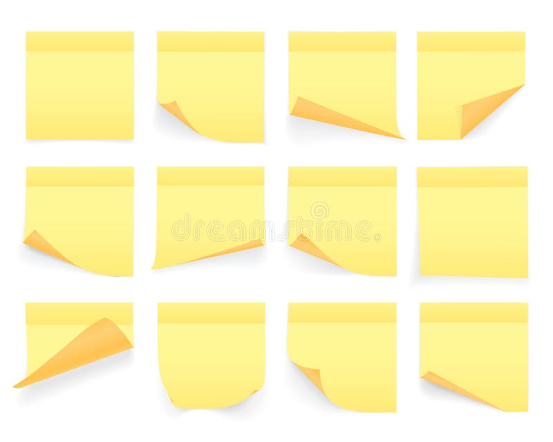 Collection of yellow colored sheets of note papers with curled corner and shadow, ready for your message. Realistic. Isolated on