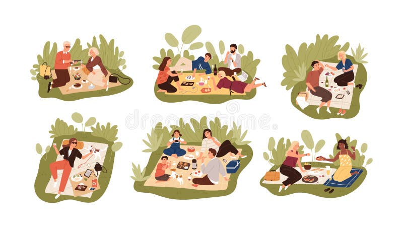 Collection of young and elderly people at picnic. Bundle of happy men, women and children eating meals outdoors. Set of royalty free illustration Collection of young and elderly people at picnic. Bundle of happy men, women and children eating meals outdoors. Set of royalty free illustration
