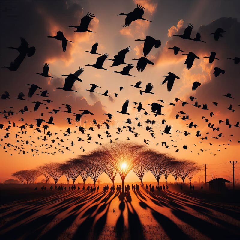 The collective shadow of a flock of birds taking flight created royalty free illustration