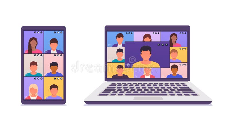 Collega's spreken met elkaar op het scherm van een smartphone voor een laptop. extern werk via videoconferentie via teleconferenti
