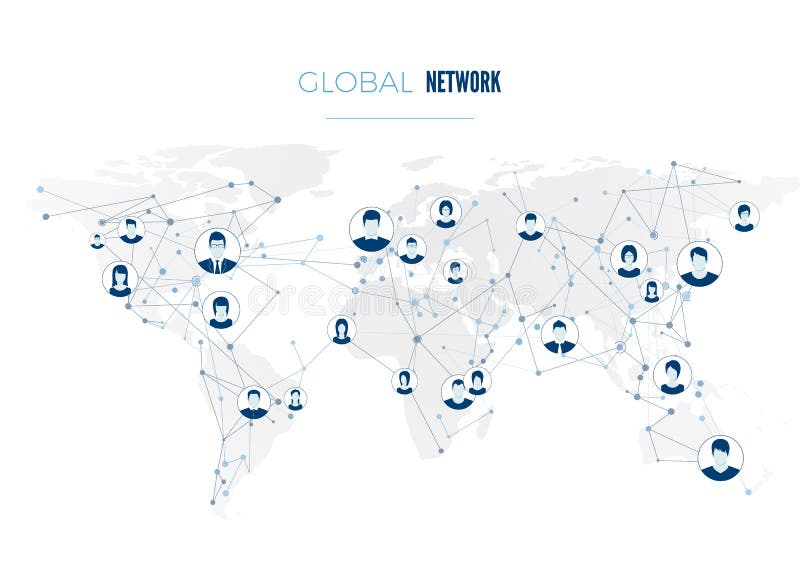Collegamento di rete sociale globale Avatar dell'utente collegati alla rete mondiale Concetto di Internet sul fondo della mappa d