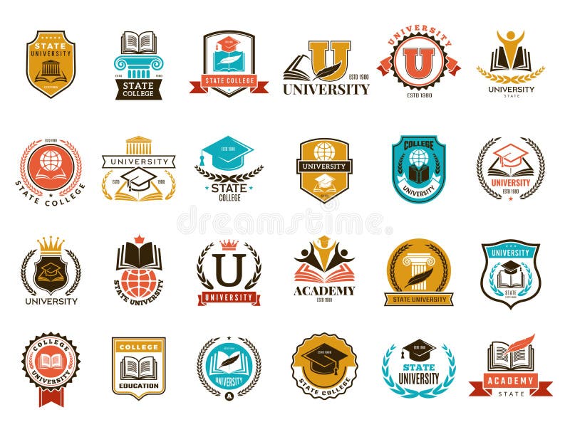 College emblem. School or university identity symbols badges and logo vector collection stock illustration
