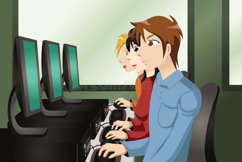 A vector illustration of college students in a computer lab