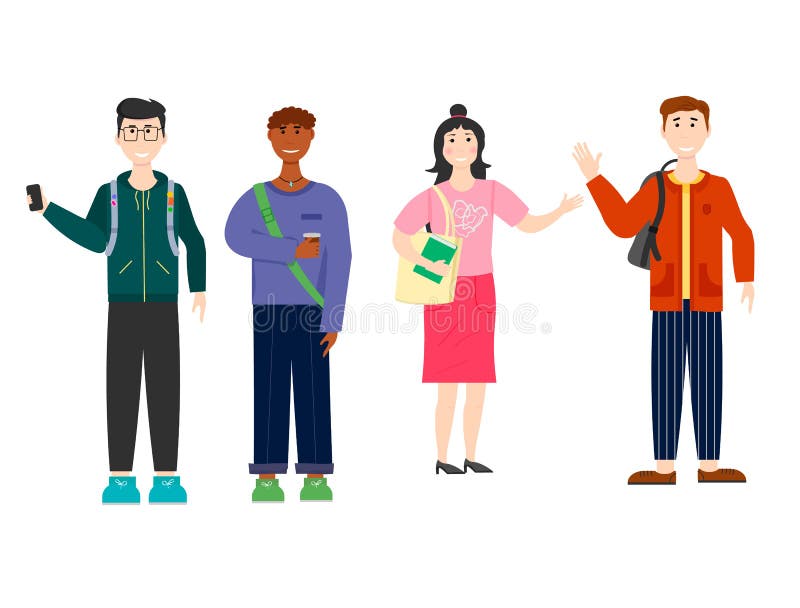 College students, school young men and women. Meeting friends of students. Vector illustration isolated on white background. For flyers, covers and brochures, packaging and advertising.