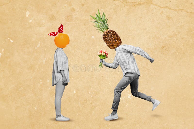 Colletto composito foto di due persone di colore bianco donna in piedi uomo che tiene in mano la frutta con bouquet invece di test immagini stock libere da diritti