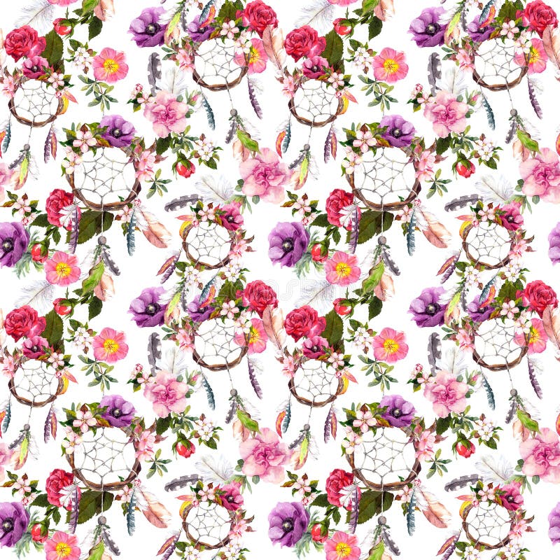 Collettore di sogno, fiori, piume Reticolo senza giunte watercolor fotografia stock libera da diritti Collettore di sogno, fiori, piume Reticolo senza giunte watercolor fotografia stock libera da diritti