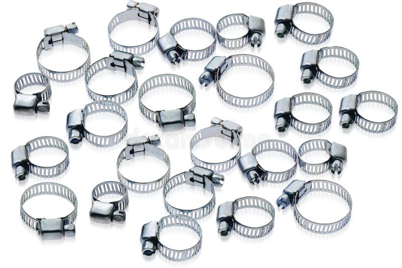 Metal hose clamps of different sizes on white background. Metal hose clamps of different sizes on white background