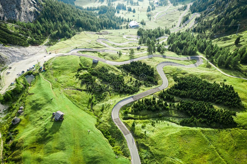 Serpentine Leading To Passo Gardena, Dolomites, Aerial View Stock Photo ...