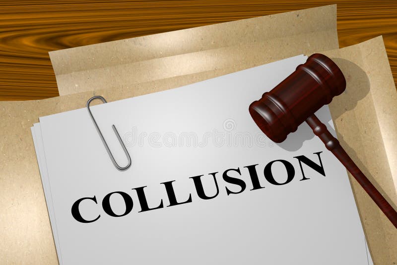 3D illustration of COLLUSION title on legal document. Collusion illustration illustrations